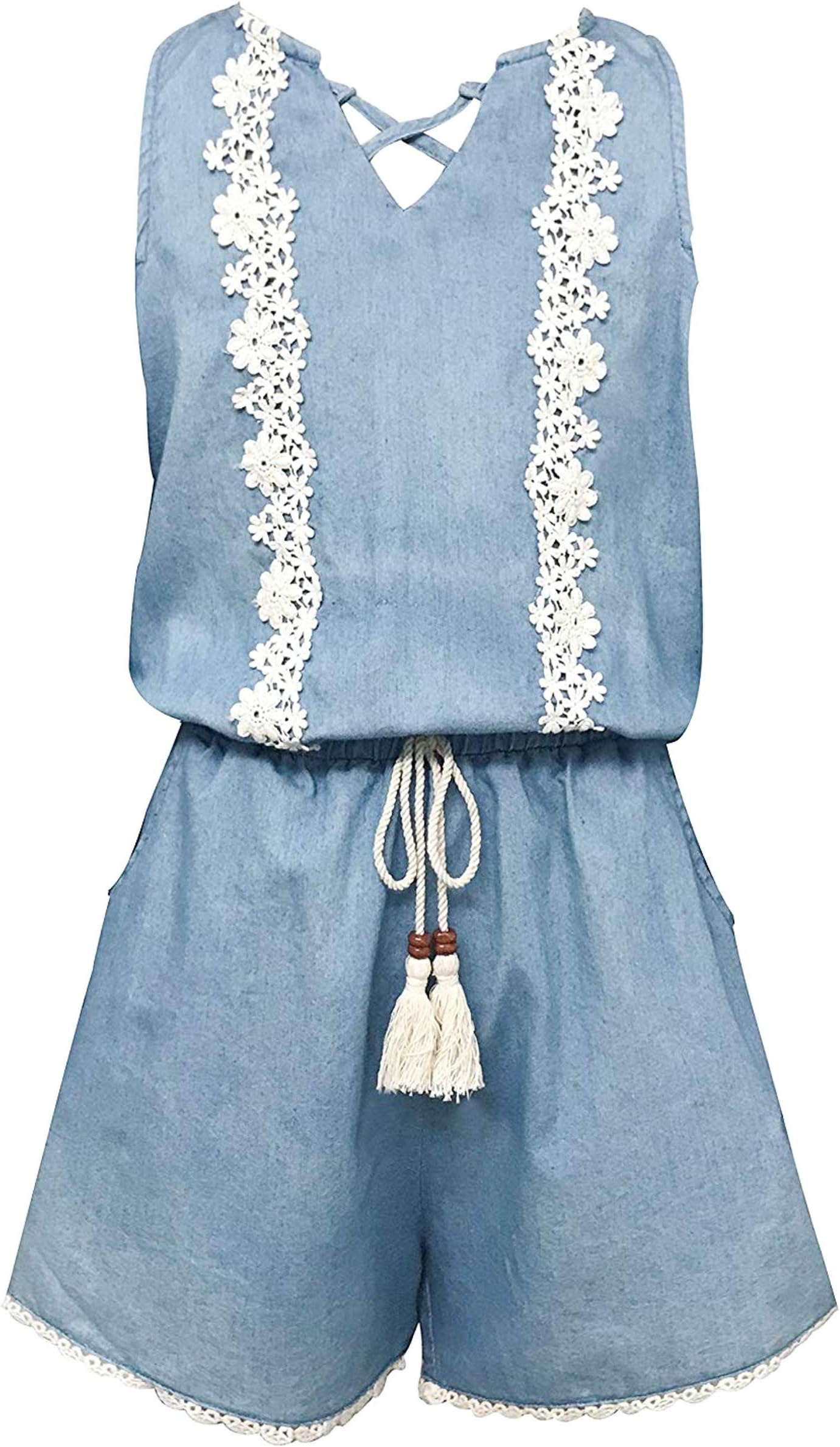 Smukke, Big Girls Vintage Lace Trimmed Romper with Pockets (Many Options), 7-16