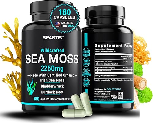 Cápsulas de musgo marino orgánico certificado, 2250 mg de musgo marino irlandés silvestre, suplemento de raíz de bardana, píldoras de masa marina