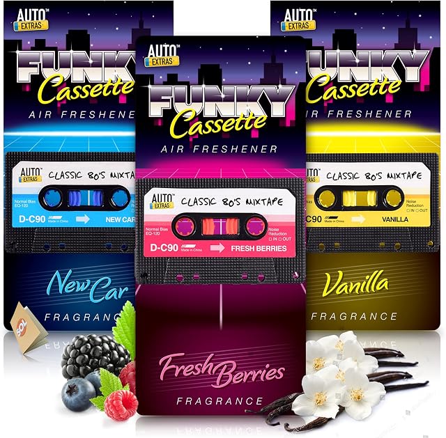 3pk Retro Cassette Tape Car Air Fresheners for Men | New Car, Berry & Vanilla | Novelty Car Air Freshener | Car Freshener Car Scents Air Freshener Car Fragrance, Car Fresheners for Men + SOL Notebook