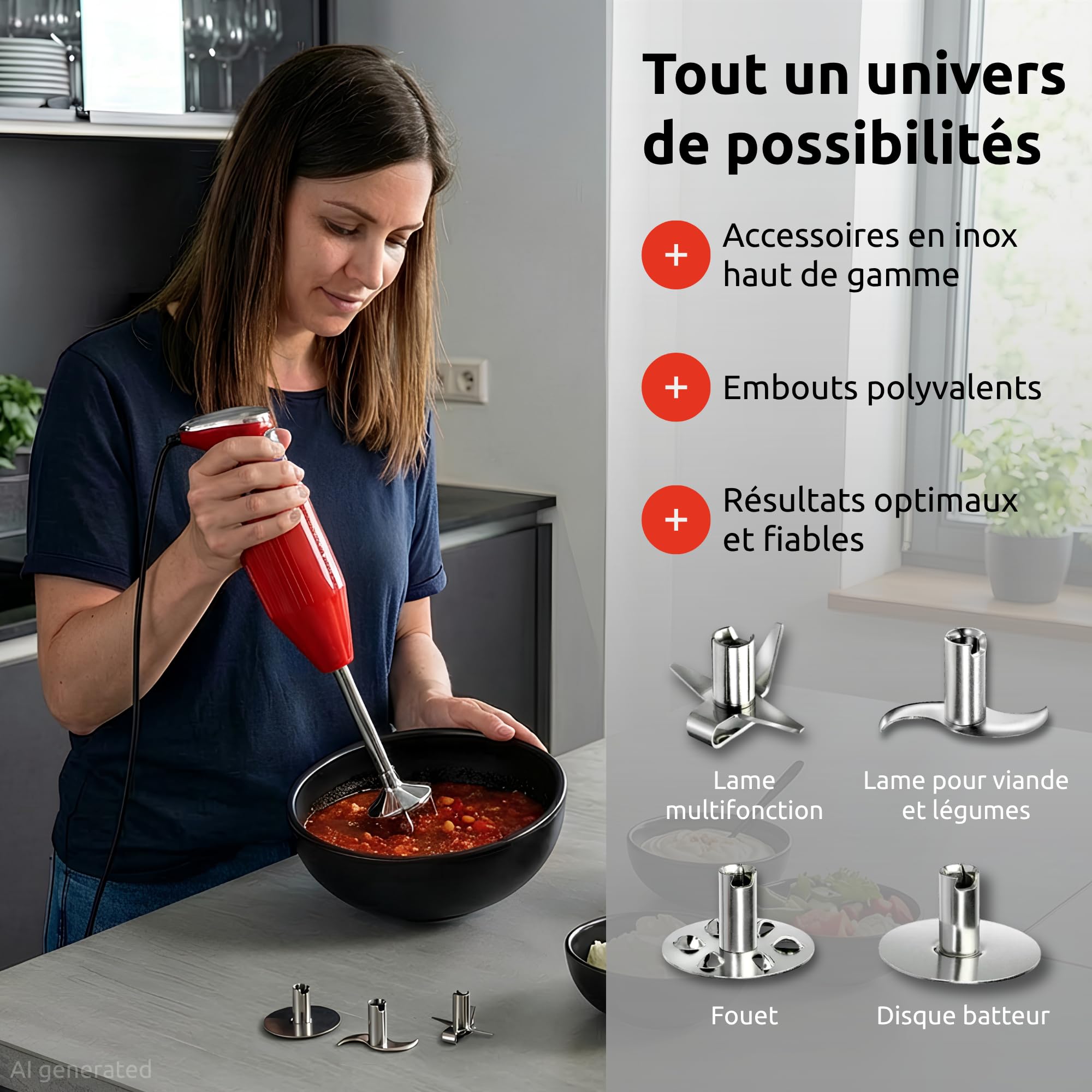 bamix Set mixeur plongeant M350 MAXX avec couteau multifonction, viande et légumes, fouet, batteur en inox, 300 W, 2 vitesses, Fabriqué en Suisse, Rouge/chrome