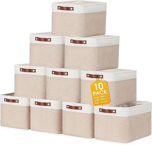 Uiifan 10 contenedores plegables de almacenamiento de tela, canastas de almacenamiento plegables de tela con asas, cesta organizadora de lino para