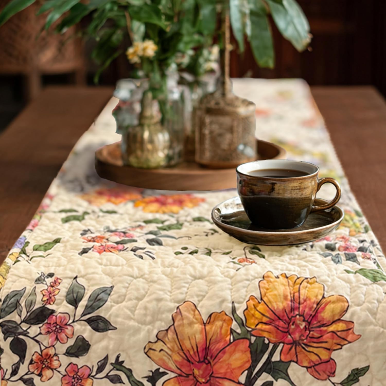 Quilted Cotton Patchwork Floral Table Runner – Reversible Vintage Farmhouse Table Runner, 13" x 74" for Dining Table, Coffee Table & Buffet