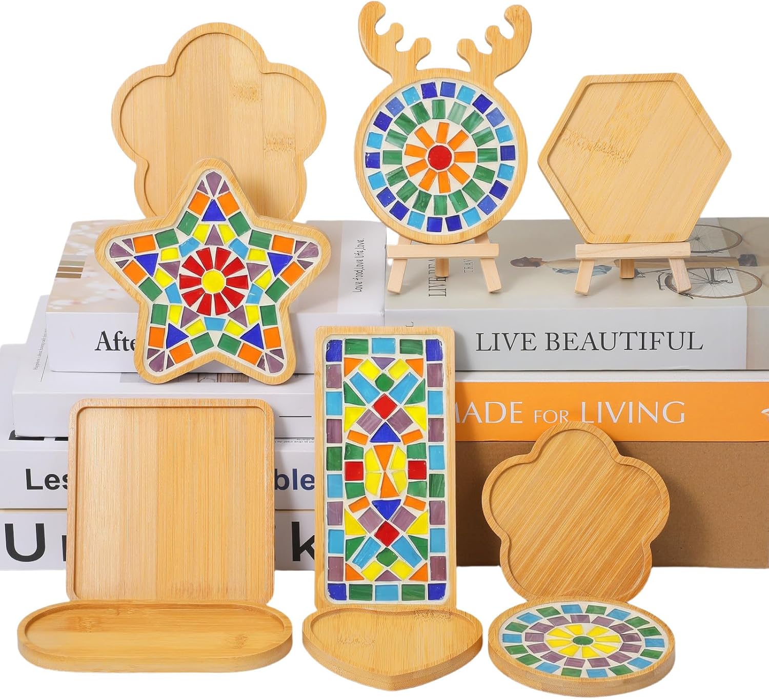 10 Pcs Wooden Assorted Shapes Mosaic Bases Wooden Mosaic Base for DIY, with Wood Surface for Handcrafted Glass Mosaic Tiles Crafts for Adults and Kids