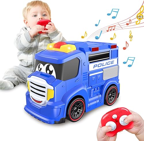 Auto a control remoto para niños pequeños, juguetes ideales para niños de 2 a 3 años, primer auto de policía a control remoto con sirenas y luces,