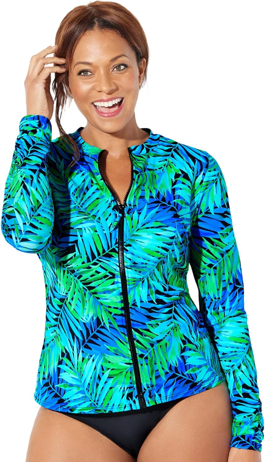 Swimsuits For All Women's Chlorine Resistant Zip Up Swim Shirt Rash Guard (Plus