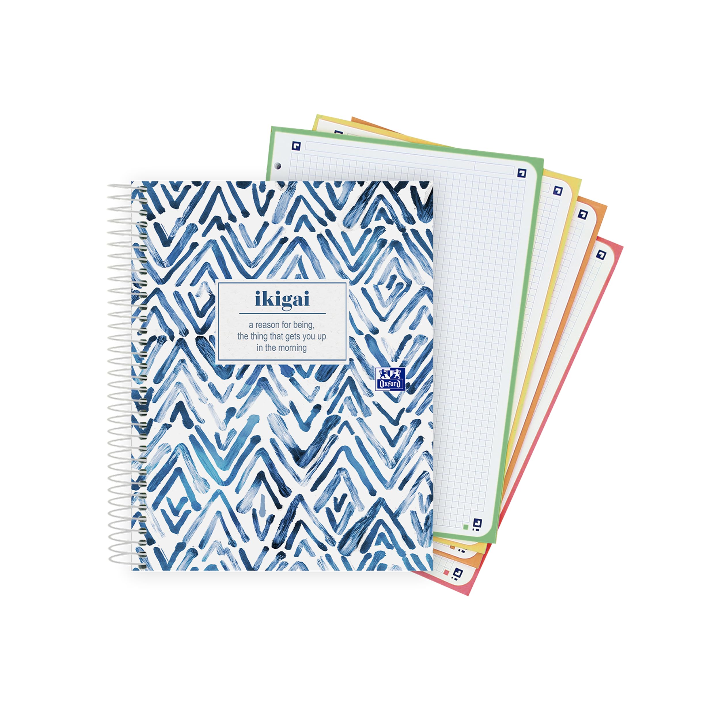 Oxford, Cuaderno A5+, Cuadrícula 5X5, Tapa Extradura, 120 Hojas, 4 Colores de Recuadro, 6 Taladros, Libreta Bonita Japandi, Diseño Ikigai