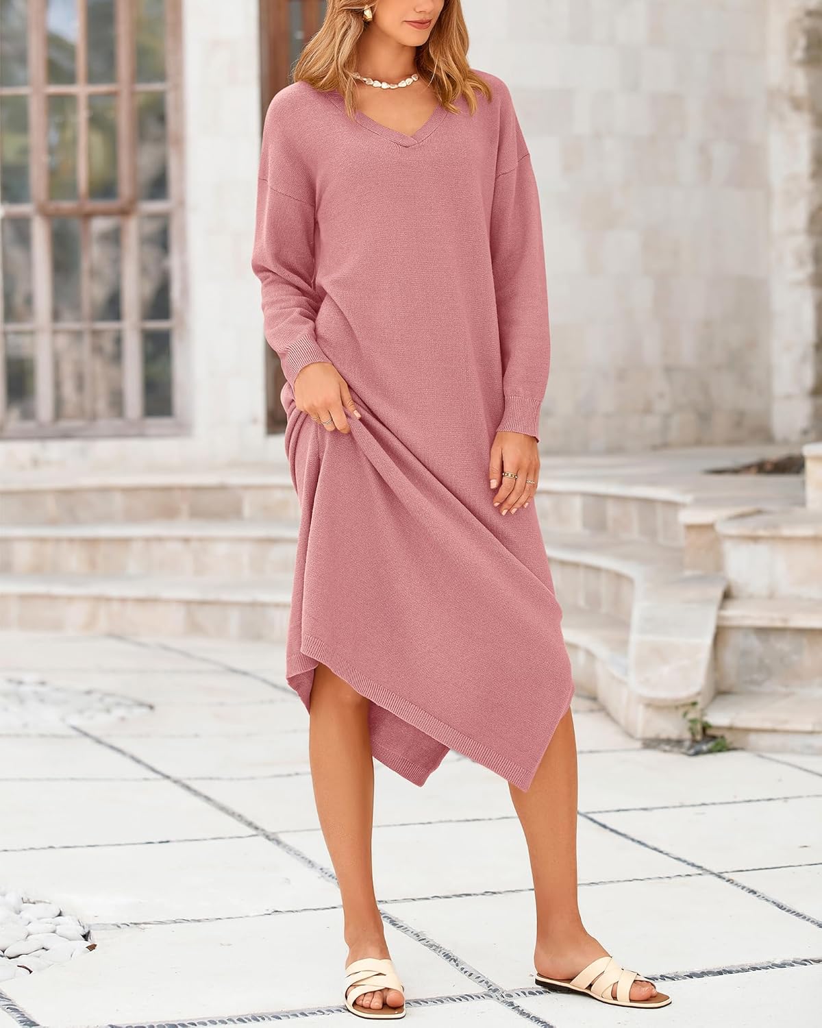 BTFBM Womens Fall Fashion 2025 Sweater Dress Casual V Neck Long Sleeve Slit Knit Oversized Sweaters Winter Maxi Dresses - Image 6