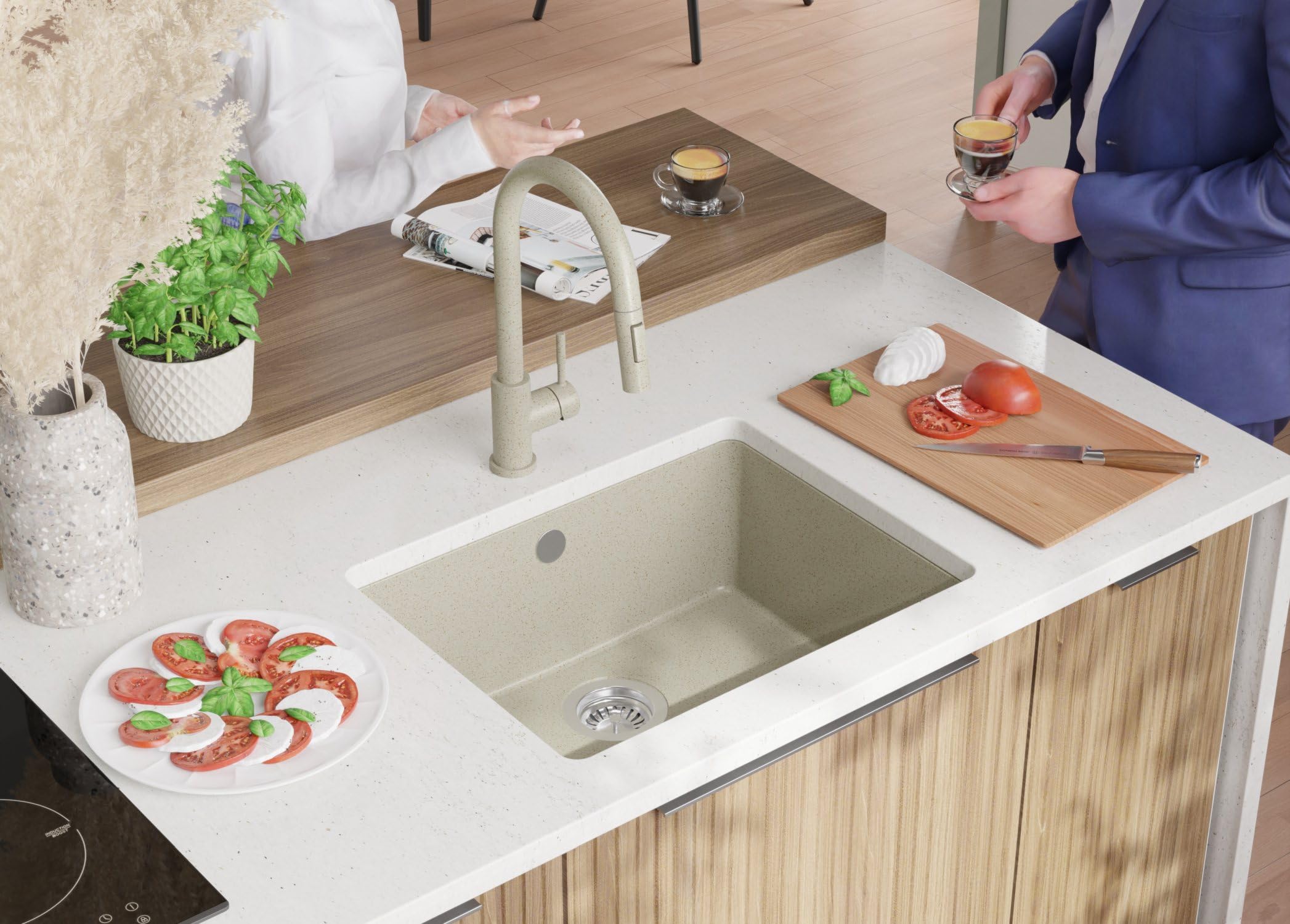 PRIMAGRAN Fregadero bajo Encimera Beige 56x44cm, Cocina 1 Seno + Sifón, Granito al Mueble 60cm - Venecia Easy S066