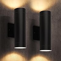 LUTEC Outdoor Wall Lights 2-Pack: Integrated LED Up-Down Cylinder Sconces, 16W 3000K 1800 Lumens, IP65 Waterproof Matte Black Aluminum for Porch Entryway