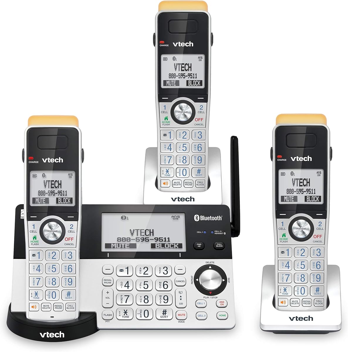 VTech IS8151-3 Super Long Range 3 Handset DECT 6.0 Cordless Phone for Home with Answering Machine, 2300 ft Range, Call Blocking, Bluetooth, Headset Jack, Power Backup, Intercom, Expandable to 12 HS