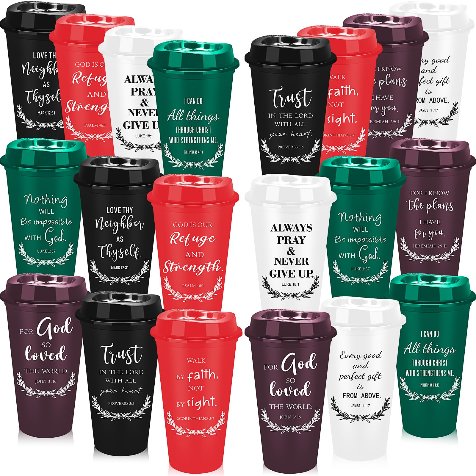 Lot de 40 tasses à café chrétiennes réutilisables de 473,6 g, verset de la Bible religieux en plastique avec couvercles, tasse à café de voyage pour boissons froides, cadeaux chrétiens pour homme et