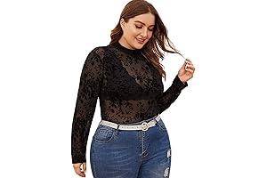 Women's Plus Size Lace Tops - Embroidered Floral Mock Neck Long Sleeve Shirts