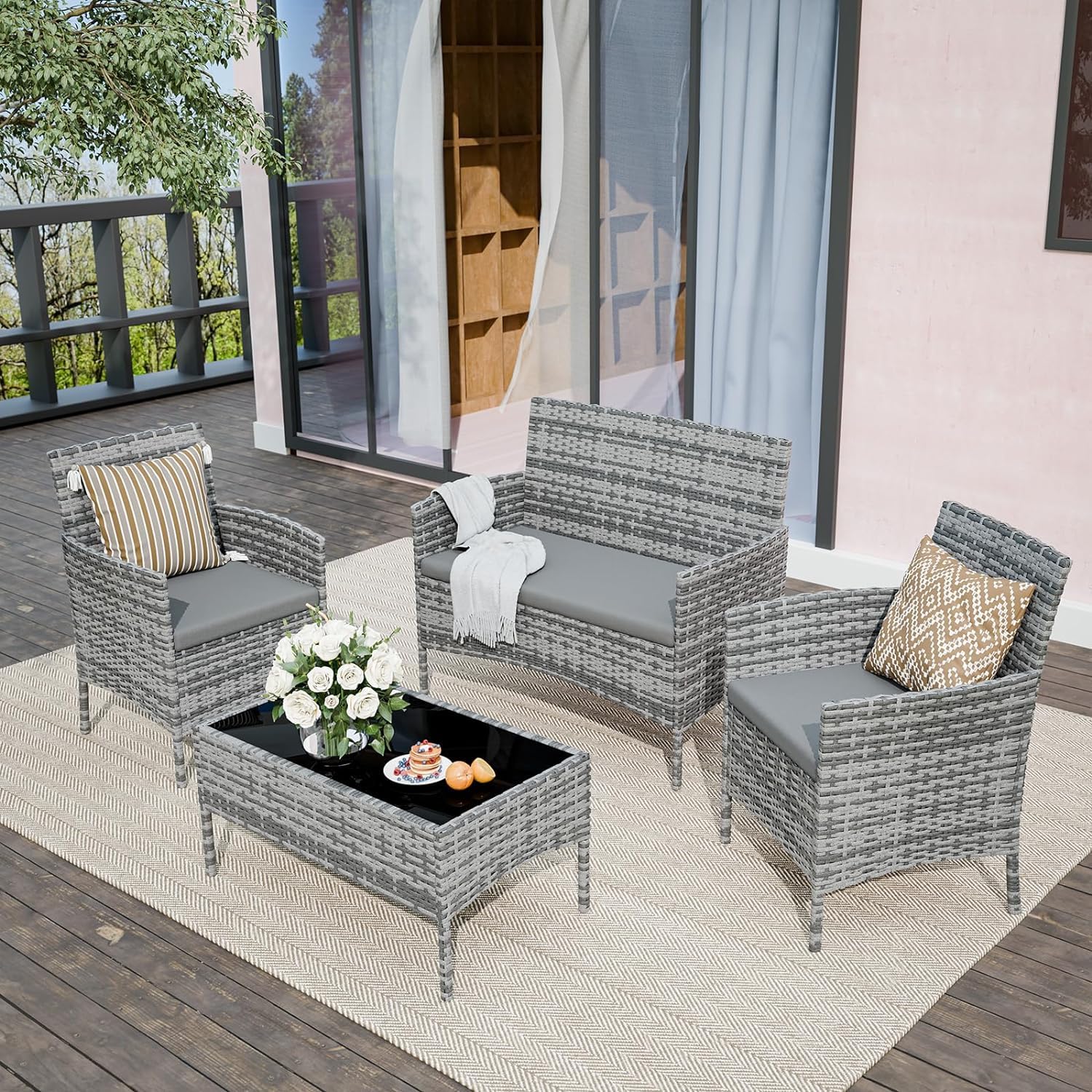 UDPATIO Polyrattan Sitzgruppe Fort 4 Personen Tisch mit 2er Sofa, 2 Stühle & Sitzkissen für Terrasse, Balkon, Garten, Balkonmöbel Rattan Gartenmöbel Set, Grau-meliert & Dunkelgraue Bezüge