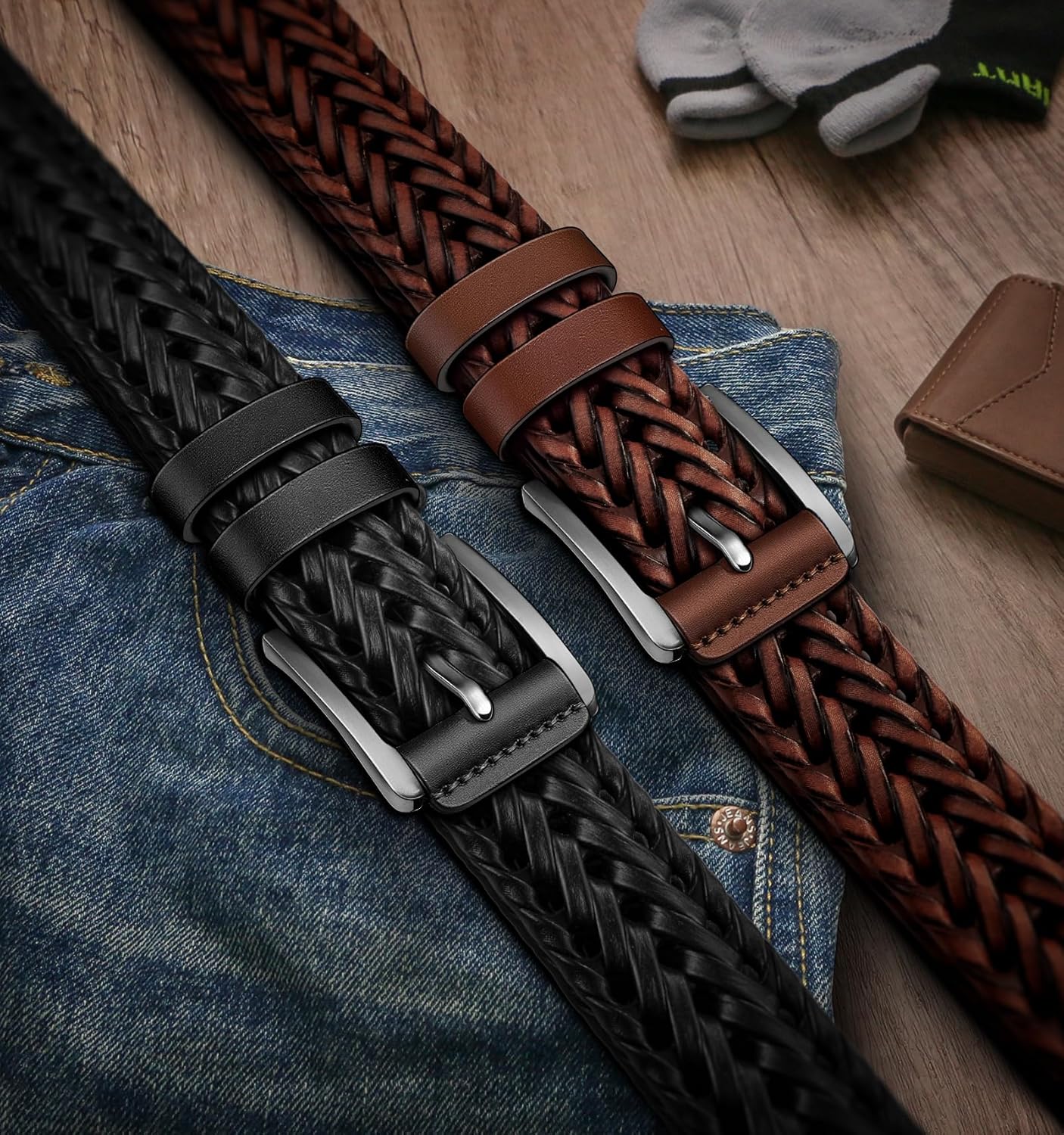 BULLIANT Men Belt, Braided Leather Belt Adjustable For Men Casual Jeans Golf 1 3/8" - Image 3