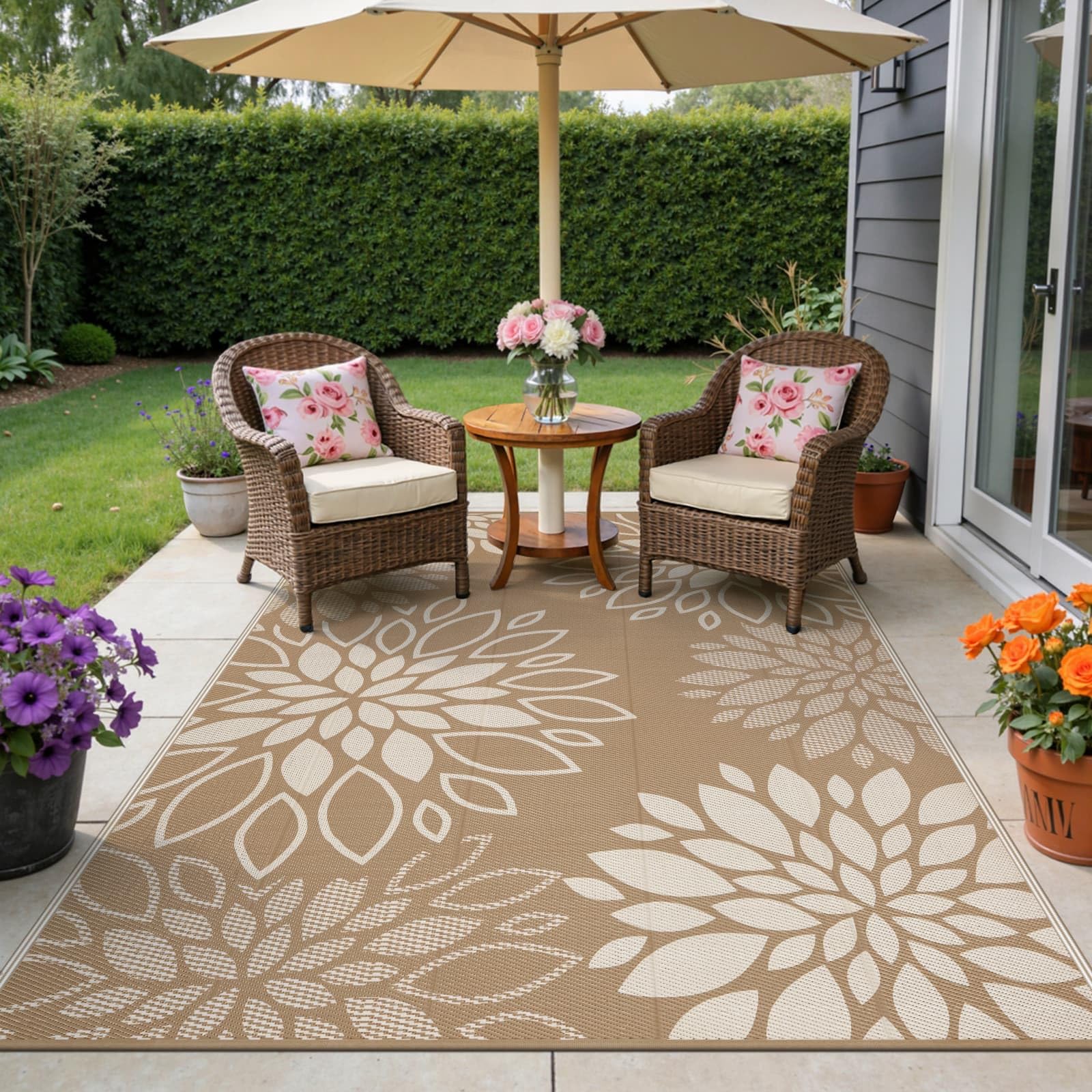 SHACOS Tappeto da Esterno Impermeabile Reversibile Plastica Leggera Resistente Ai Raggi UV Giardino Campeggio, Fiori Marrone, 180 x 270 cm