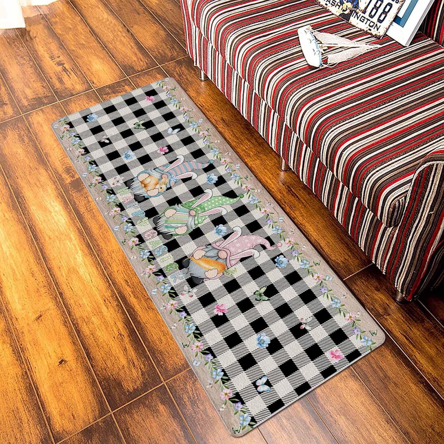 Plaid Black White Antifatigue Kitchen Bath Door Mat Cushioned Runner Rug,Washable Welcome Floor Sink Mat,Easter Egg Bunny Gnomes Spring Flower Plaid Holiday Waterproof Comfort Standing Doormat,18"x59"