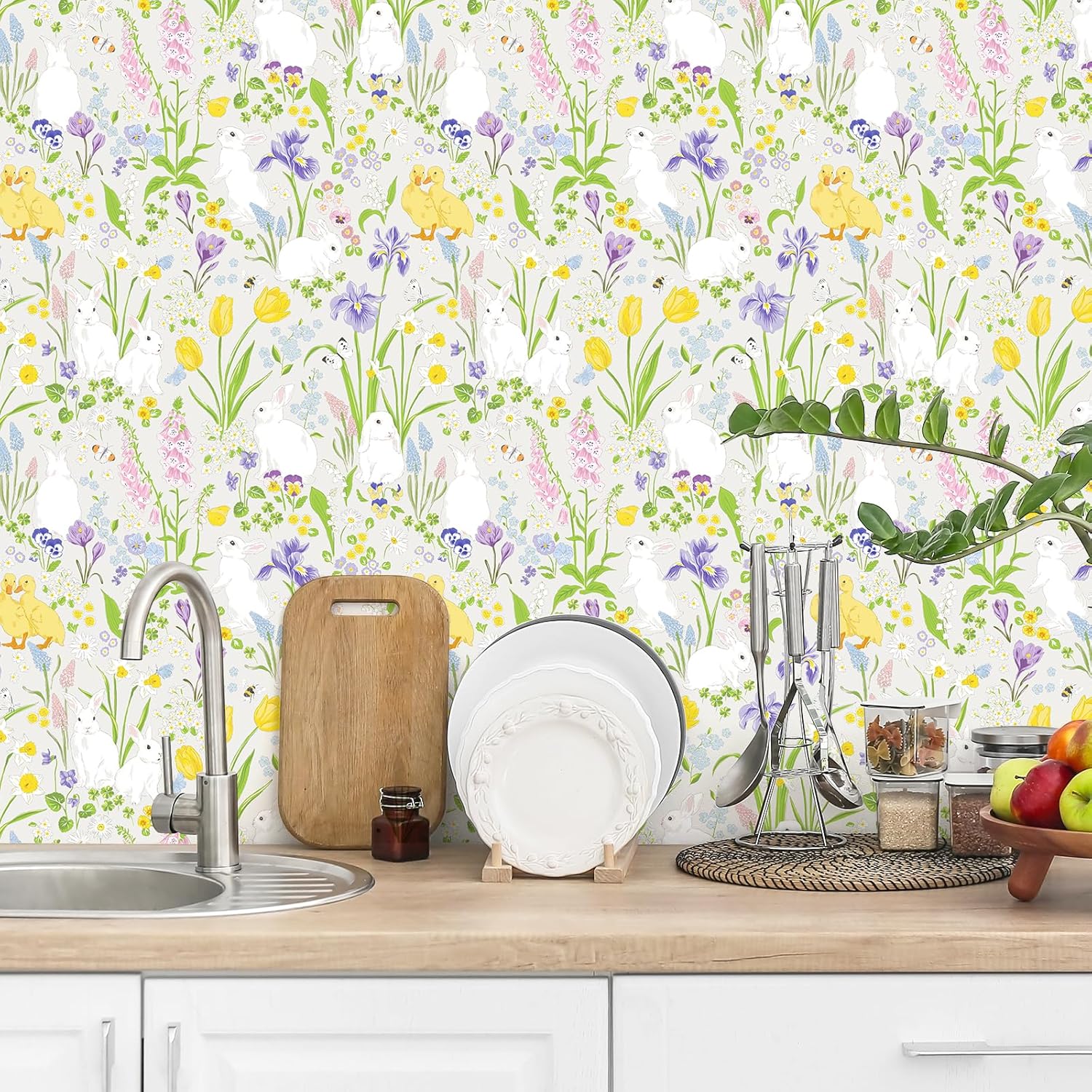 CRE8TIVE Off-White Rabbit Floral Peel and Stick Wallpaper Country Cottagecore Cute Bunny Duck Plant Wallpaper Renter Friendly Prepasted Floral Contact Paper for Cabinets Girls Bedroom Nursery 12"x118"