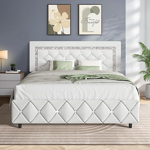 HOMBCK Queen Platform Bed Frame with Upholstered Diamond Headboard, Mattress Foundation with Strong Wooden Slats Support, No Box Spring Needed, Easy Assembly, Pearlized White