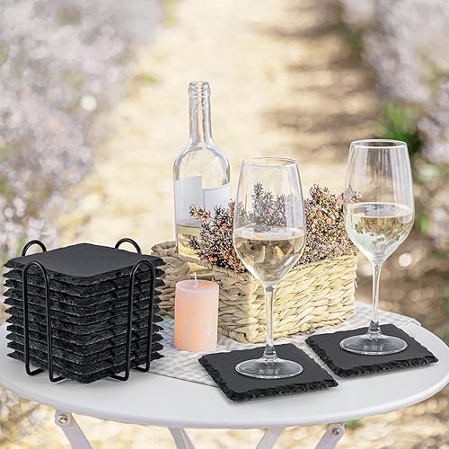 Miniatura 4 de Posavasos de pizarra con soporte, 4 pulgadas, 12 piezas, cuadrados rústicos, juego de posavasos de piedra negra con respaldo antiarañazos para