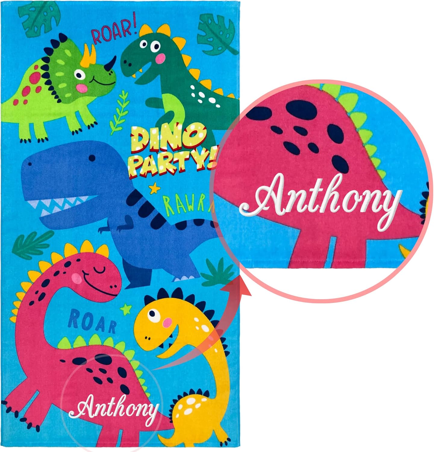 Beachland Personalized Dinosaur Beach Towel 28 x 51 inch 100% Cotton (1 Custom Dino Party)