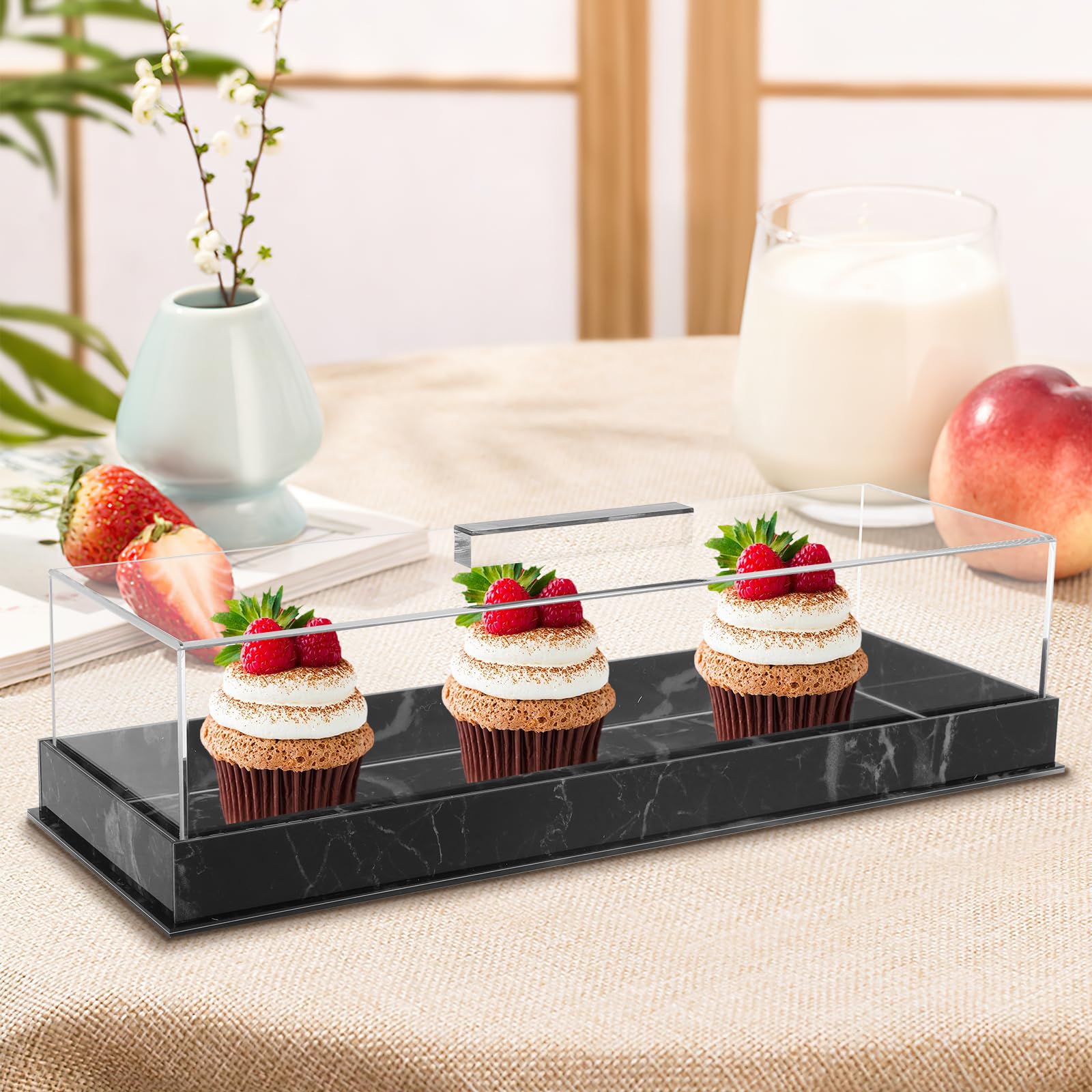 Bpyhebe Black Acrylic Rectangle Cake Tray Holder, Marbleized Grain Dessert Display Stands With Lucite Cover And Pastry Base, Elegant Cupcake Serving Platter For Party Home Kitchen 35.5×12.7×9Cm (Black)