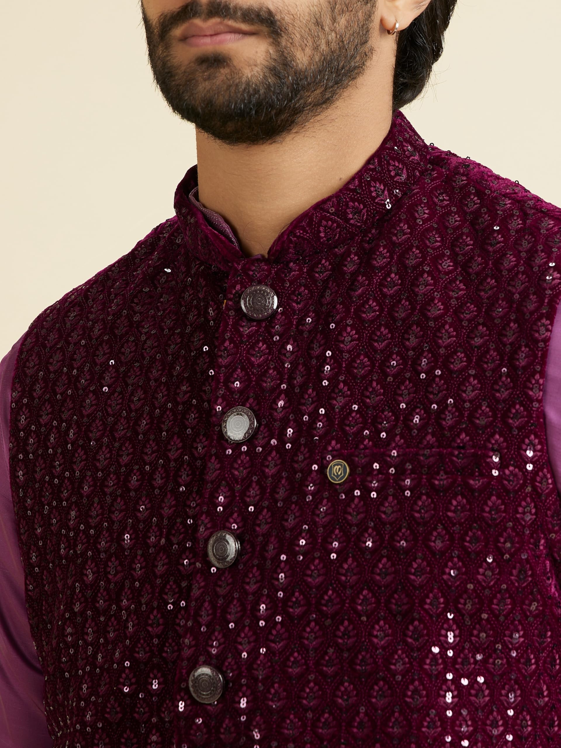 Manyavar Men's Velvet Sequinned Nehru Jacket(Wine,XL) 1