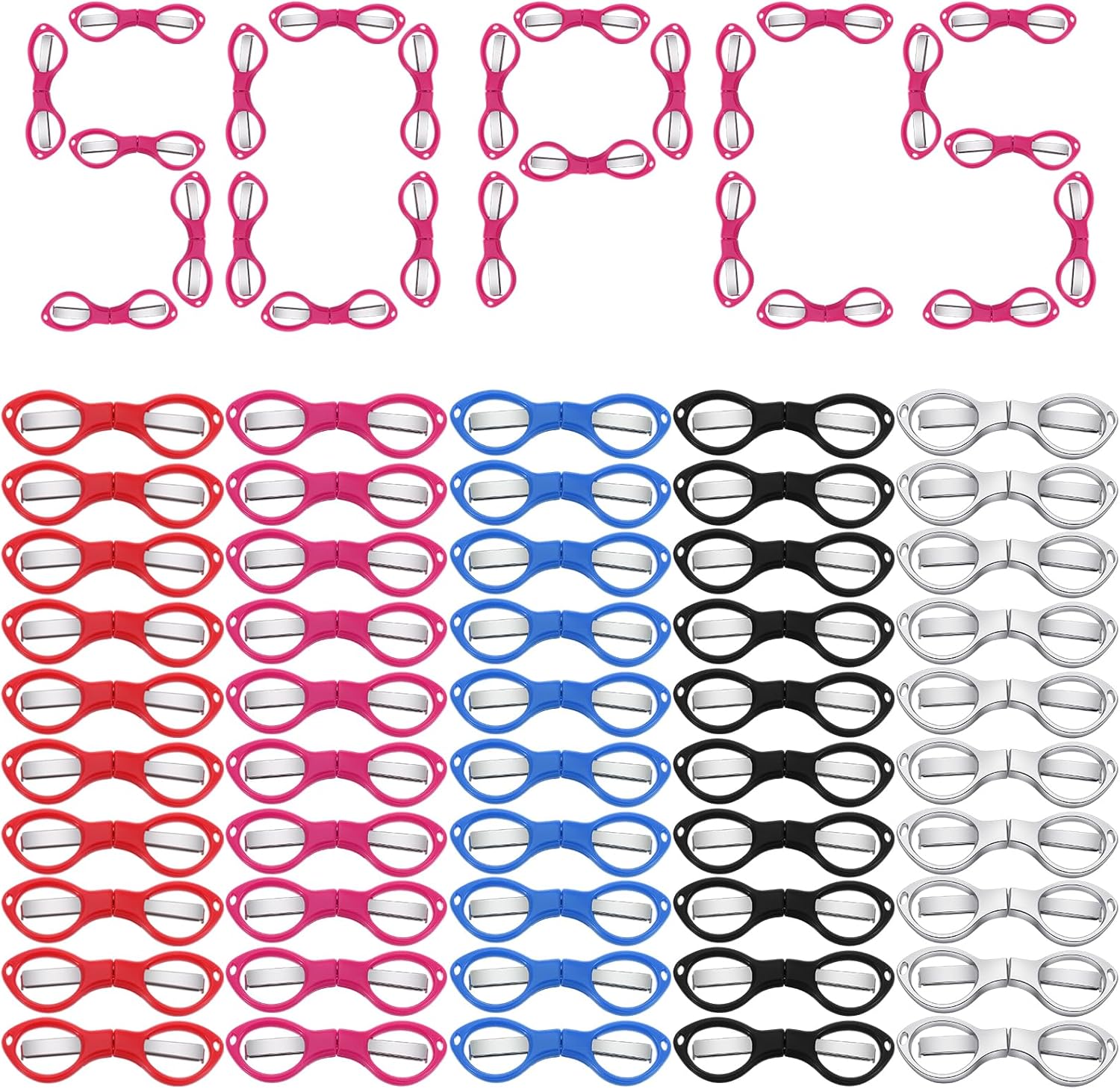 50 Pcs Mini Folding Scissors, Bulk Small Foldable Travel Stainless Steel Portable Shears, Badge Scissors for Nurses Glasses Shaped Anti Rust Sewing Cutter Gifts Office,10 Colors