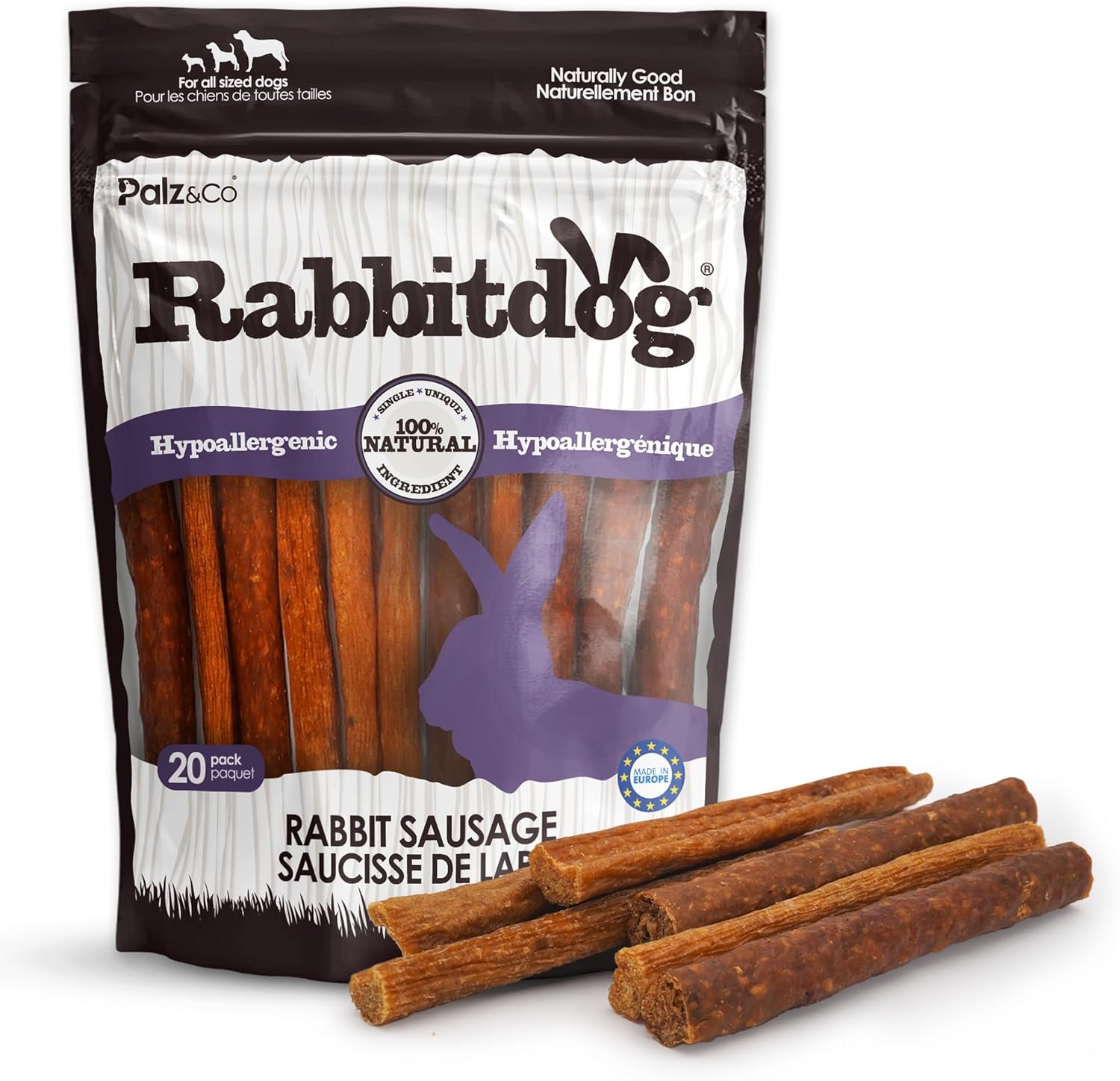 Palz&Co Rabbitdog Rabbit Sausage Dog Treats - 20 Pack of All-Natural Grain-Free Chews for Dogs, Supports Dental Health & Hip and Joint Care, No Artificial Additives