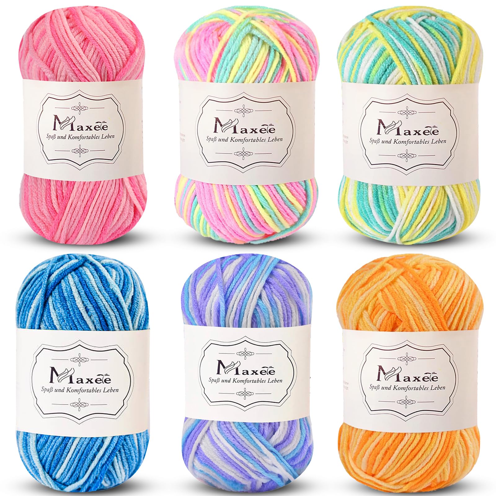 Maxee Handstrickgarn, 50 g Häkelgarn, Bunt Farbverlauf Acrylgarn zum Stricken, Weicher Wolle zum Häkeln, Mehrfarbiges Garn zum Stricken Häkeln und Basteln