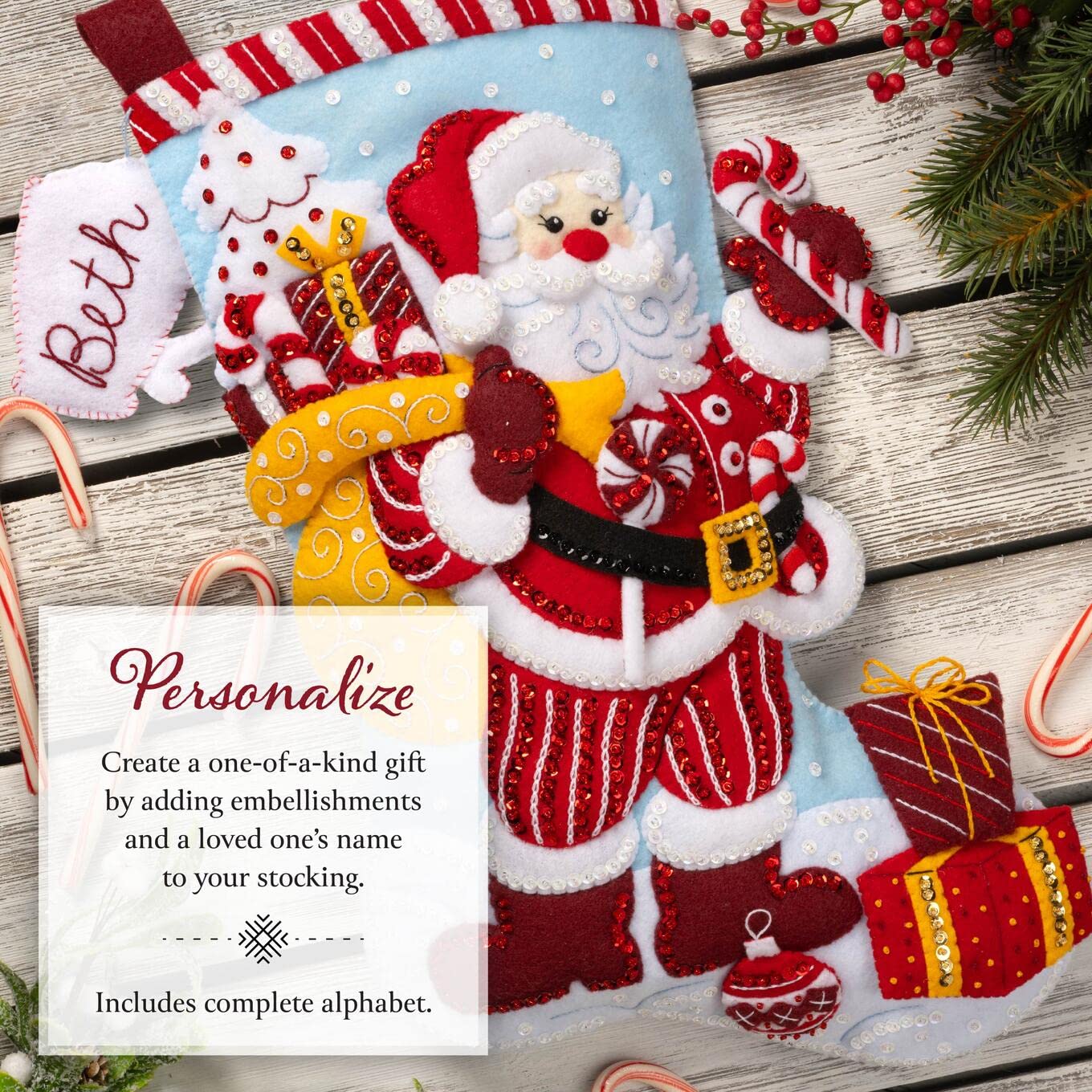Bucilla Weihnachtsmann-Filzset Zum Sticken – Inkl. Strumpf, Filz, Garn & Pailletten, 45,7 Cm, Bastelset Für Anfänger