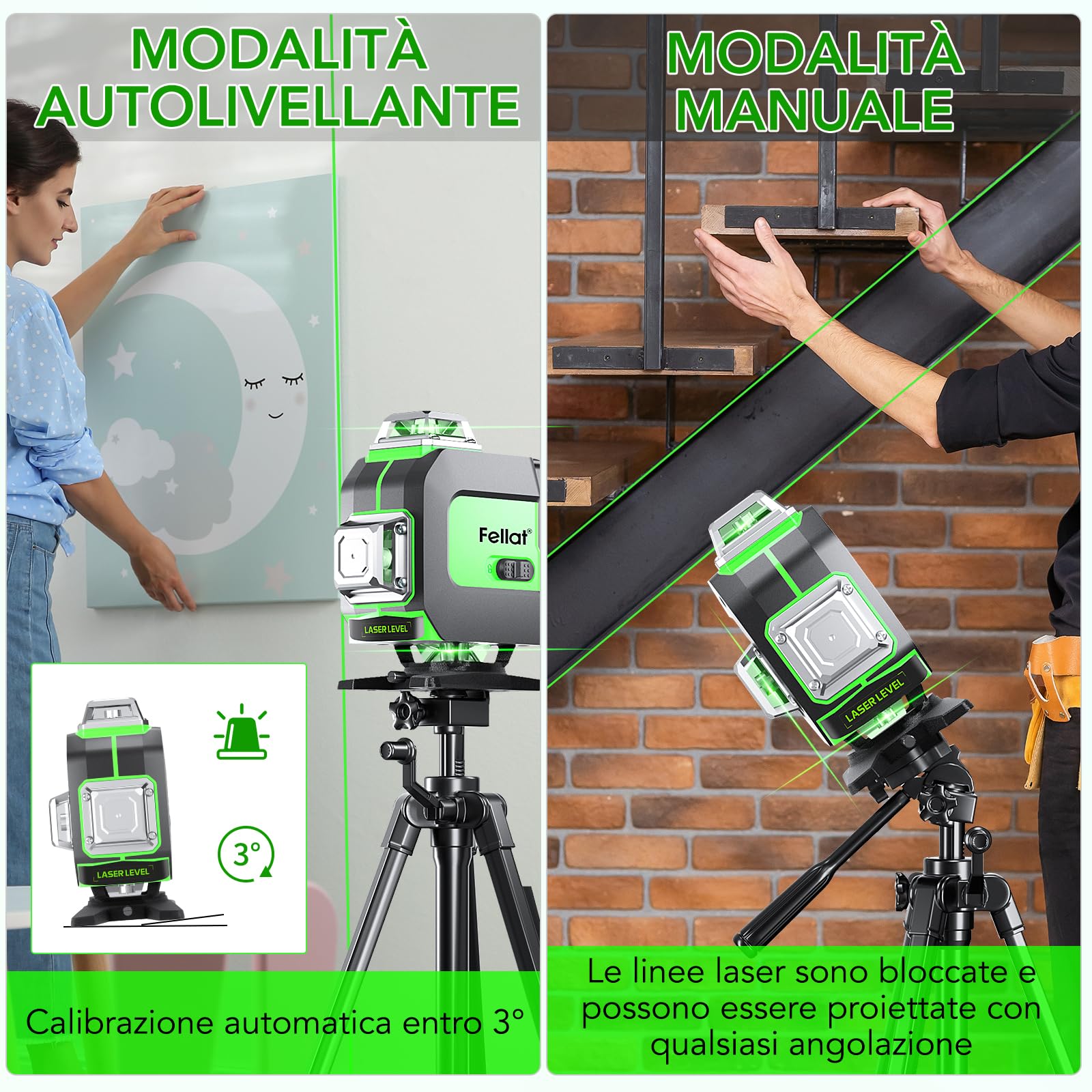 Livella Laser, FELLAT 4 x 360° Livella Laser Autolivellante 16 Linee 4D Livello Laser con 2 Batterie Ricaricabili da 4000 mAh, Telecomando, Base di Sollevamento, Supporto Magnetico Rotante