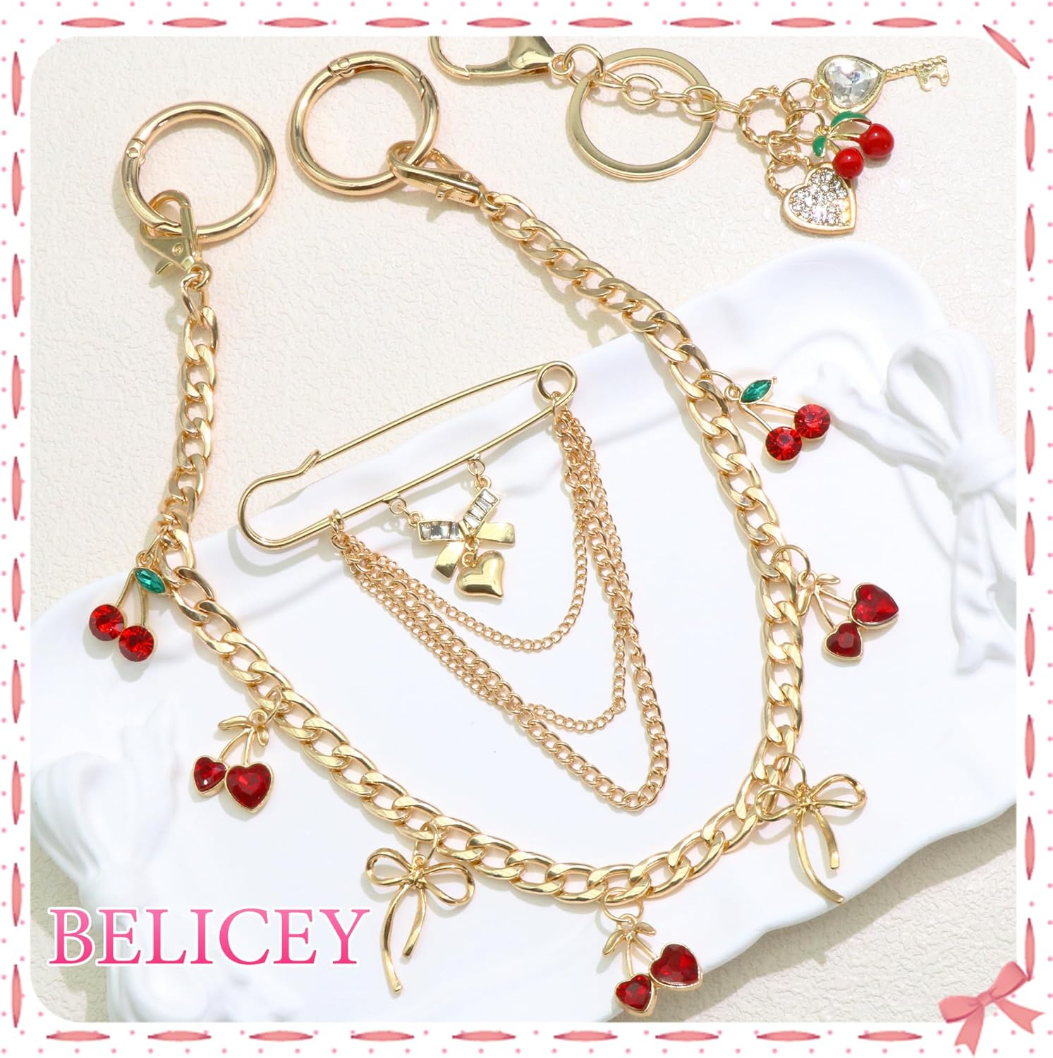 BELICEY Cherry Purse Charm Chain Cute Red Rhinestone Decorative Purse Chains Gold Bow Bag Charms for Handbags Safety Pin Keychain Sparkling Wallet Crossbody Shoulder Bag Accessories - Image 5