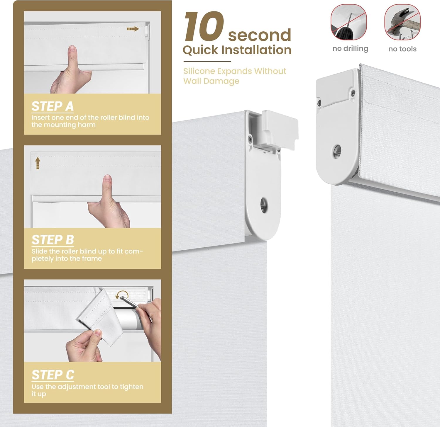 No Drill No Tools Blackout Roller Shades for Windows, Cordless Roller Blinds with Linen Fabric-Matched, Easy to Install Custom Shades for Home Office Door, White, Custom Size