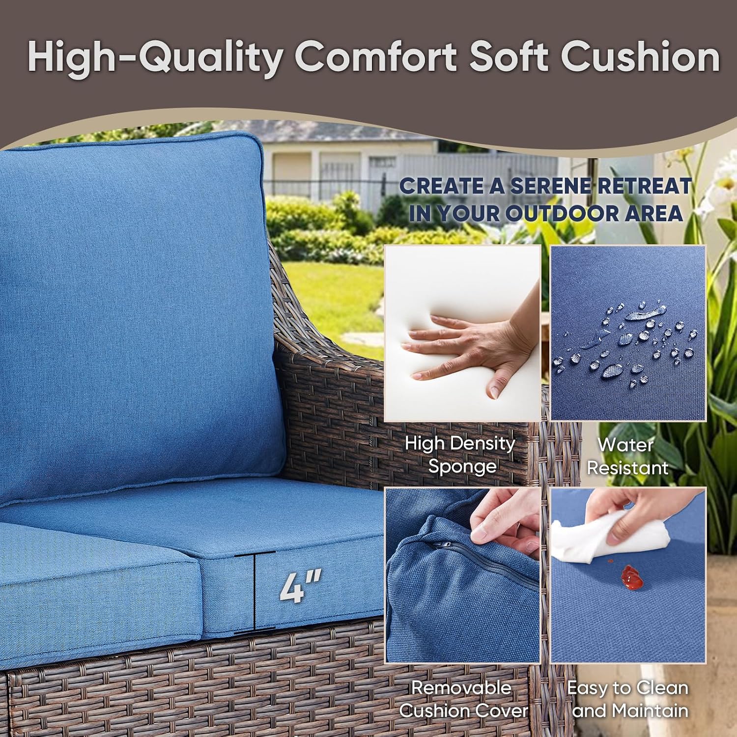 Patio Furniture Set-7 Pieces Outdoor All-Weather Wicker Conversation Set Outdoor Rattan Sofa Couch with Patio Chairs Ottomans for Porch Garden Backyard Poolside-Brown/Blue