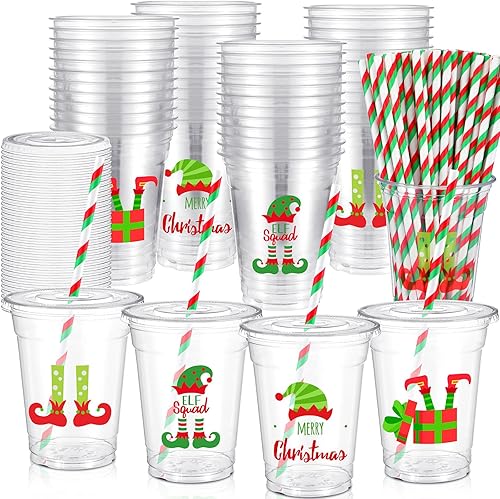 Bokon Juego de 100 tazas de 12 onzas de elfo de Navidad con tema de payaso, vasos desechables con tapas y pajitas de papel, suministros de fiesta de