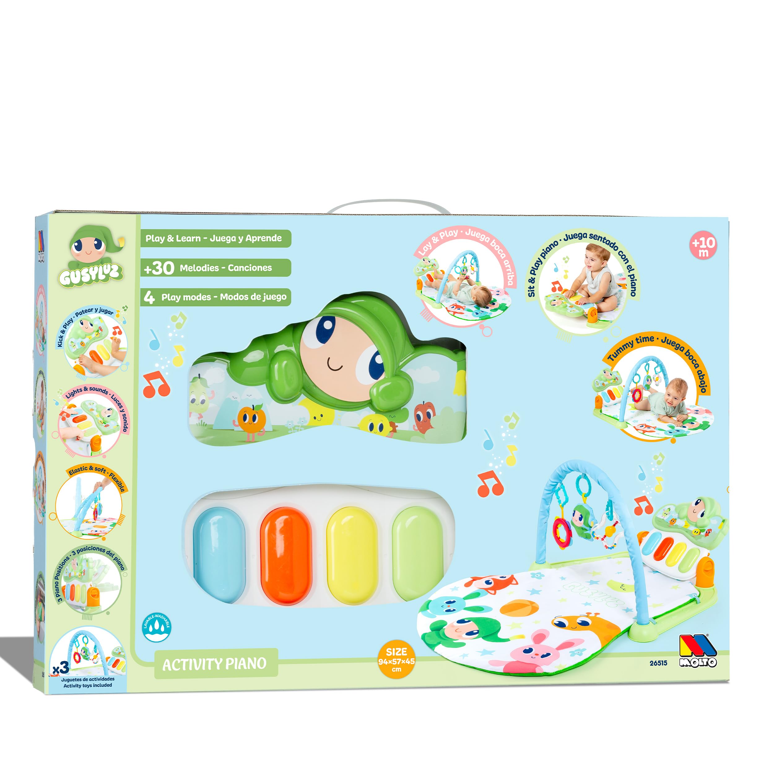 MOLTO - Gusy Luz Alfombra Gimnasio Bebé Activity Piano con Luces, Sonidos y 20 Melodías, Manta de Juegos Infantil con 4 Modos, 3 Juguetes y Pian, Lavable, Plegable y Portátil, + 0 Años