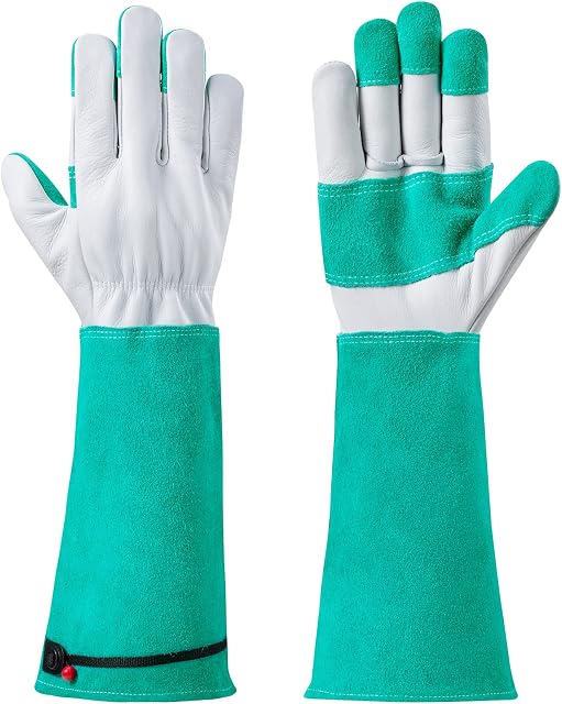 Gardening Gloves for Women and Men - HODUP Breathable Thorn Proof Rose Pruning Gauntlet Soft Cowhide Leather Garden Work Gloves, Heavy Duty Forearm Protection Garden Gloves (M, Green)