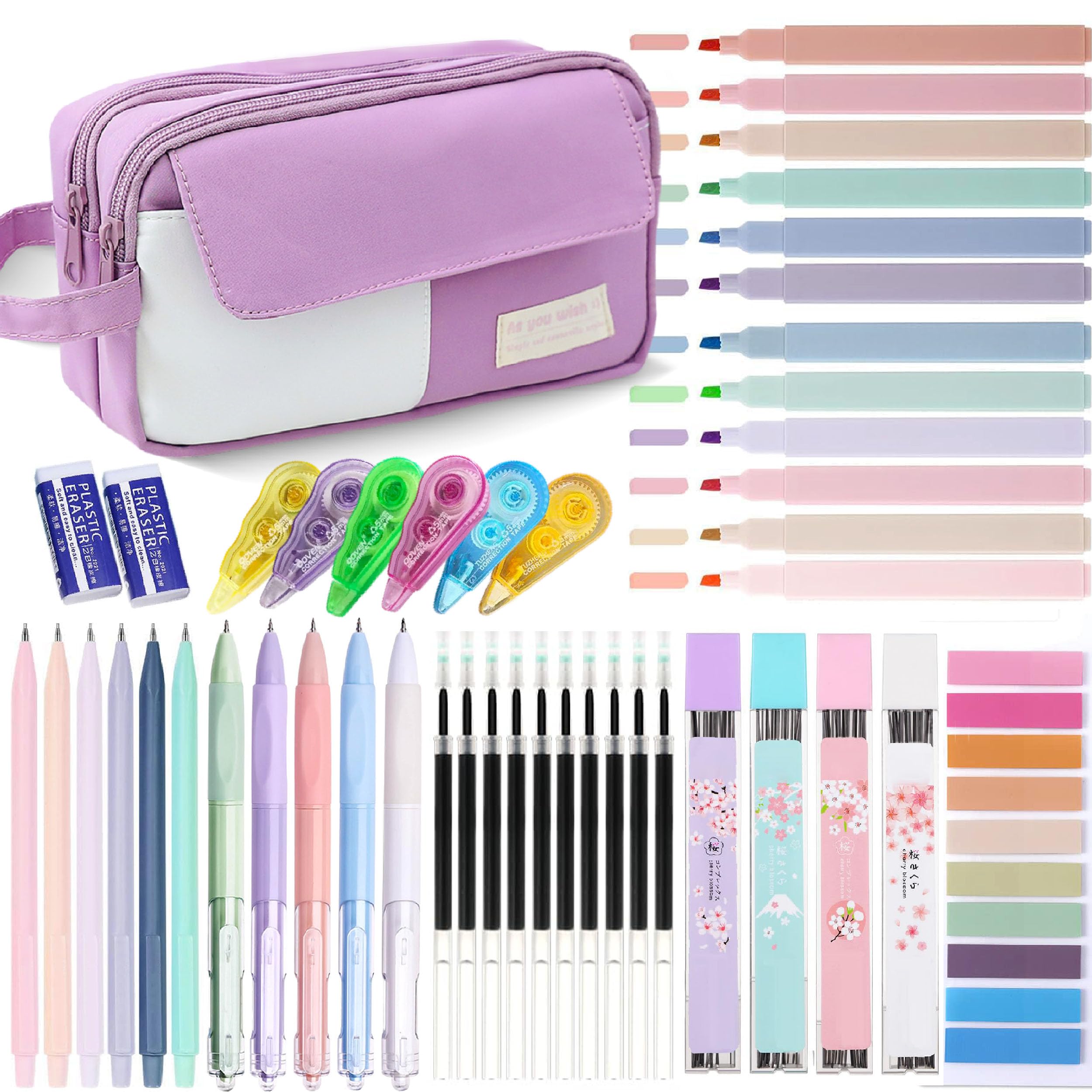 42 Pcs Big Capacity Pencil Pouch with Aesthetic School Supplies, 12 Pastel Highlighters, 5 Black Ink Gel Pens