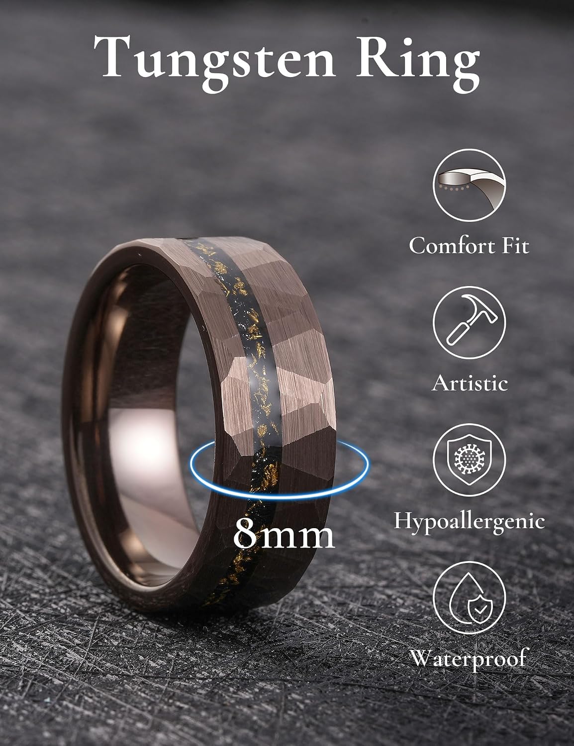 King Will 8mm Tungsten Carbide Opal Rings For Men Black Wedding Band Blue Opal Inlay Brushed Hammered Promise Rings Comfort Fit Size 7-14