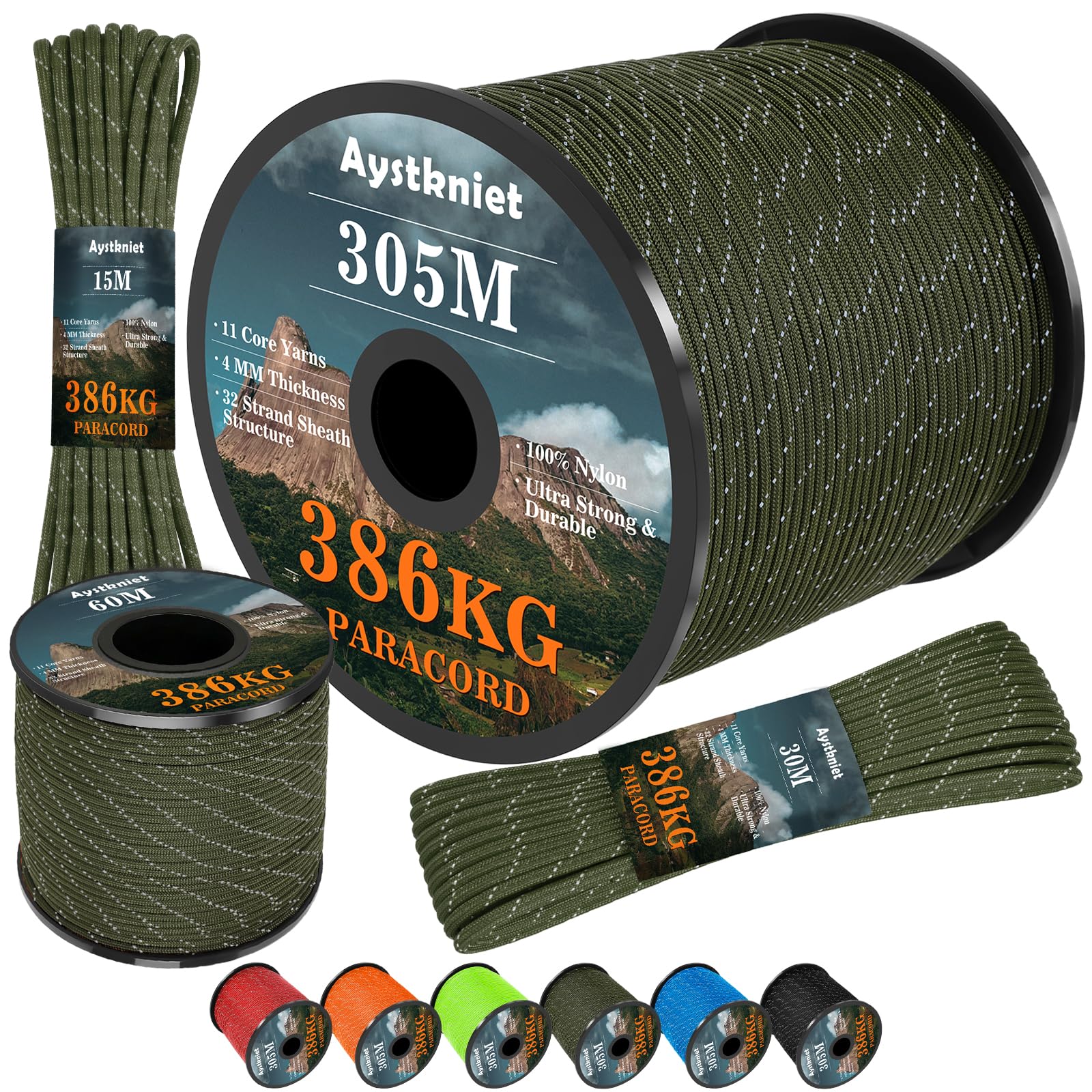 Aystkniet Reflective Paracord 850lbs, 4MM Rope, 11 Strands Outdoor Para Cord, Utility Parachute Cord Tactical Cord for Camping Hiking Survival Crafting DIY, 305M Army Green