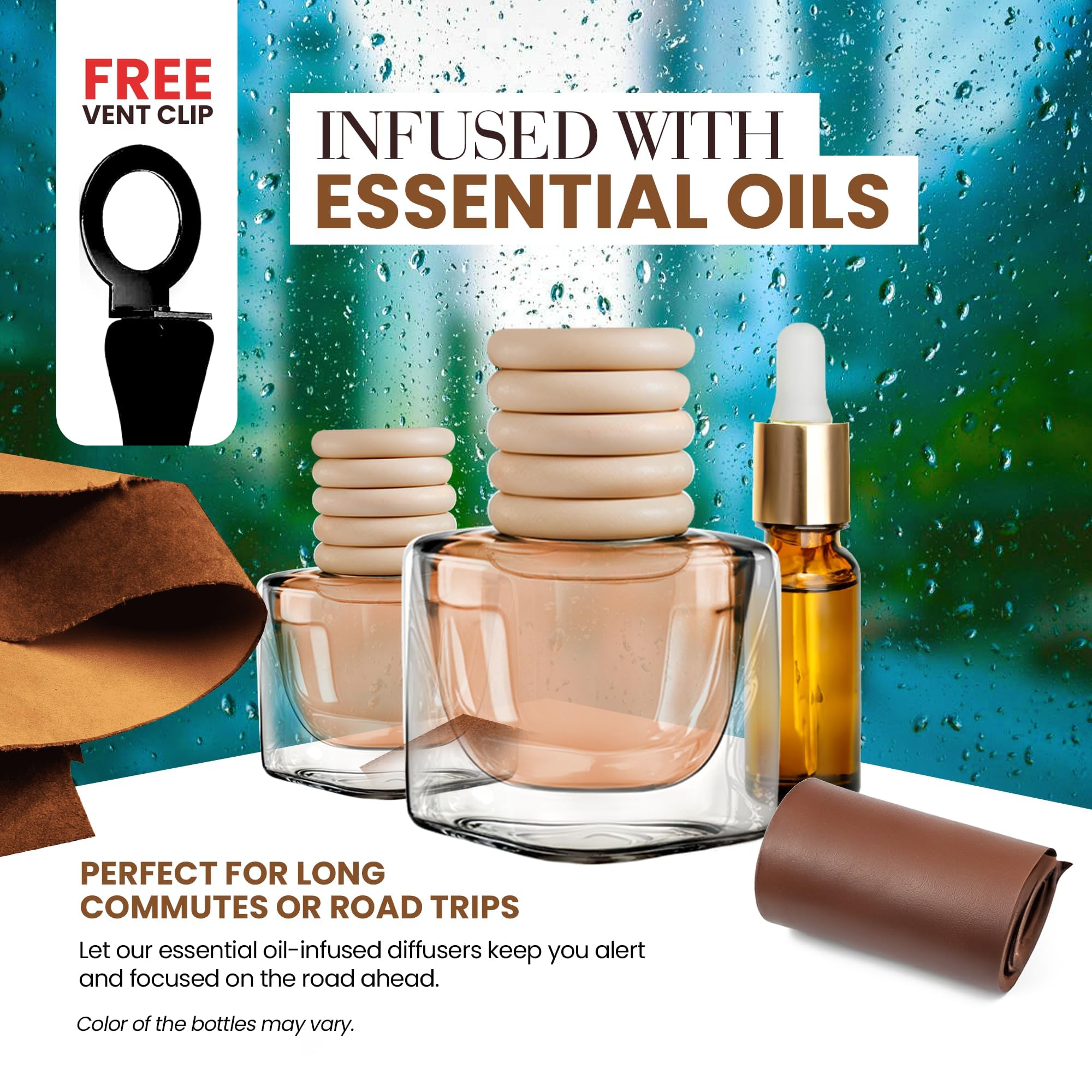 Ambientadores de coche para hombre, fragancia profunda de cuero, paquete de 2 ambientadores para coche, eliminador de olores con aceites esenciales, ambientadores de coche con clip de ventilación