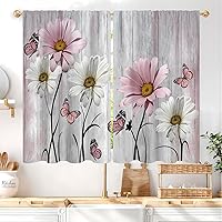 Vista 37 de Rusitc - Cortinas de cocina de 27.5 pulgadas de ancho x 39 pulgadas de largo, 2 paneles con bolsillo para barra, flores rosas claras