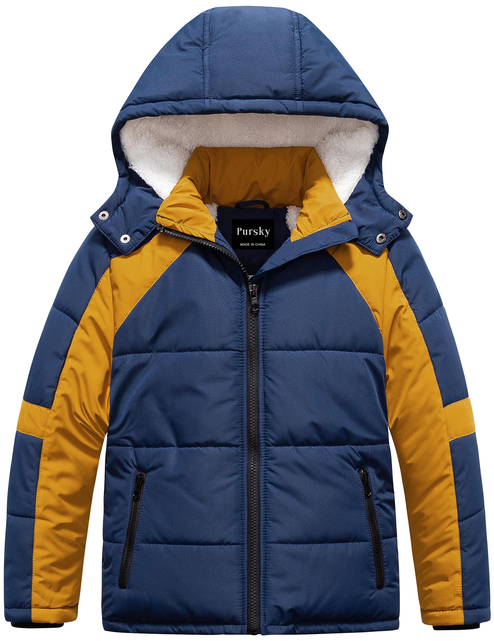 Pursky Boy's Warm Winter Coat Water Resistant Sherpa Outerwear Puffer Jackets With Removable Furry Hood