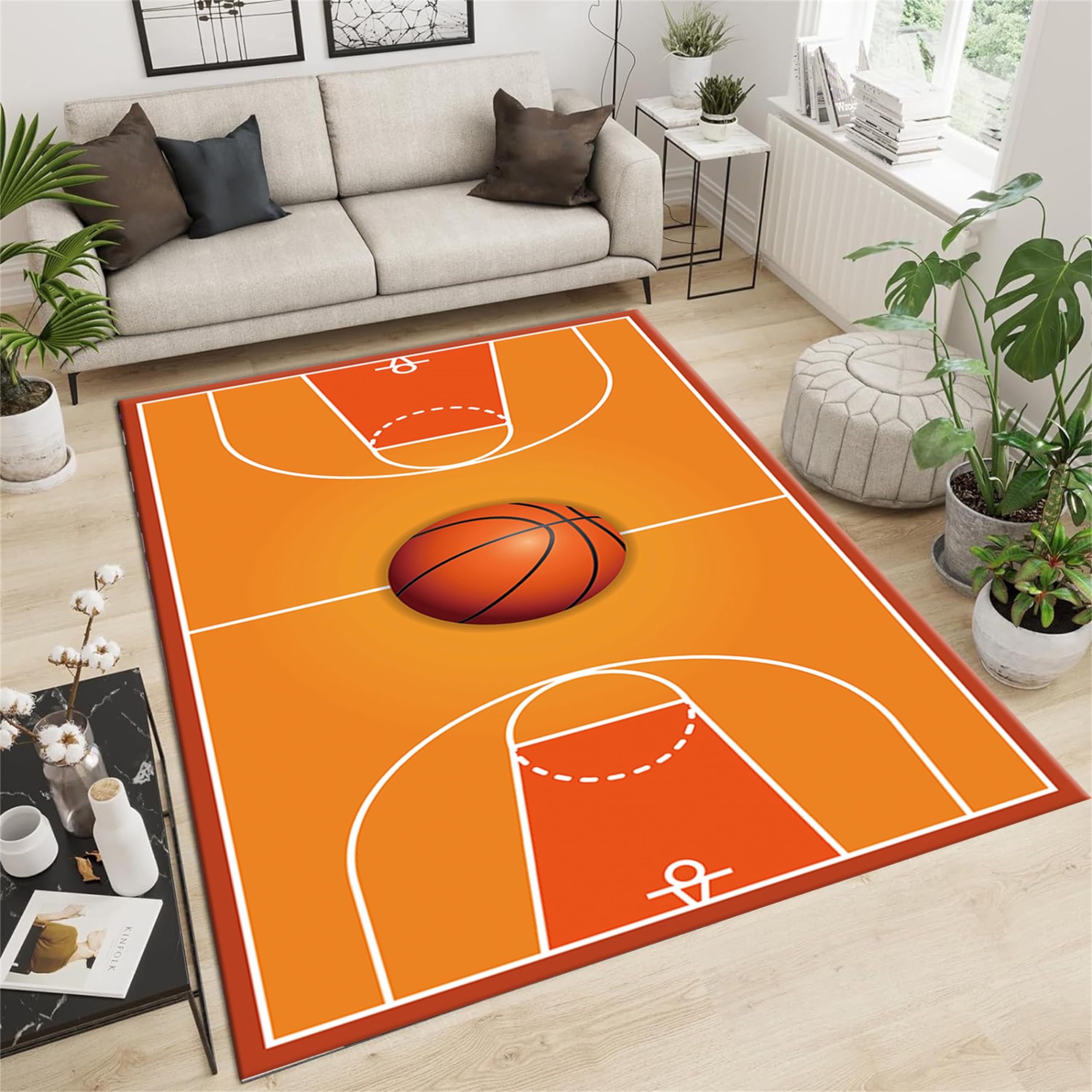 Srocvi Sports Theme Area Rug 3D Basketball Print Sport Court Design Carpets for Kids Bedside Large Area Non-Skid Washable Yellow Doormat Foldable Orange Crawling Mat for Kitchen Bathroom, 6x9ft