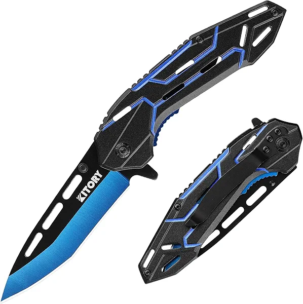 Cool Pocket Knife, Folding Knife, 8Cr15MoV Stainless Steels Blade, Aluminum Alloy Handle, Blue Devil Design, 2024 Outdoor Gadget Gift KP06