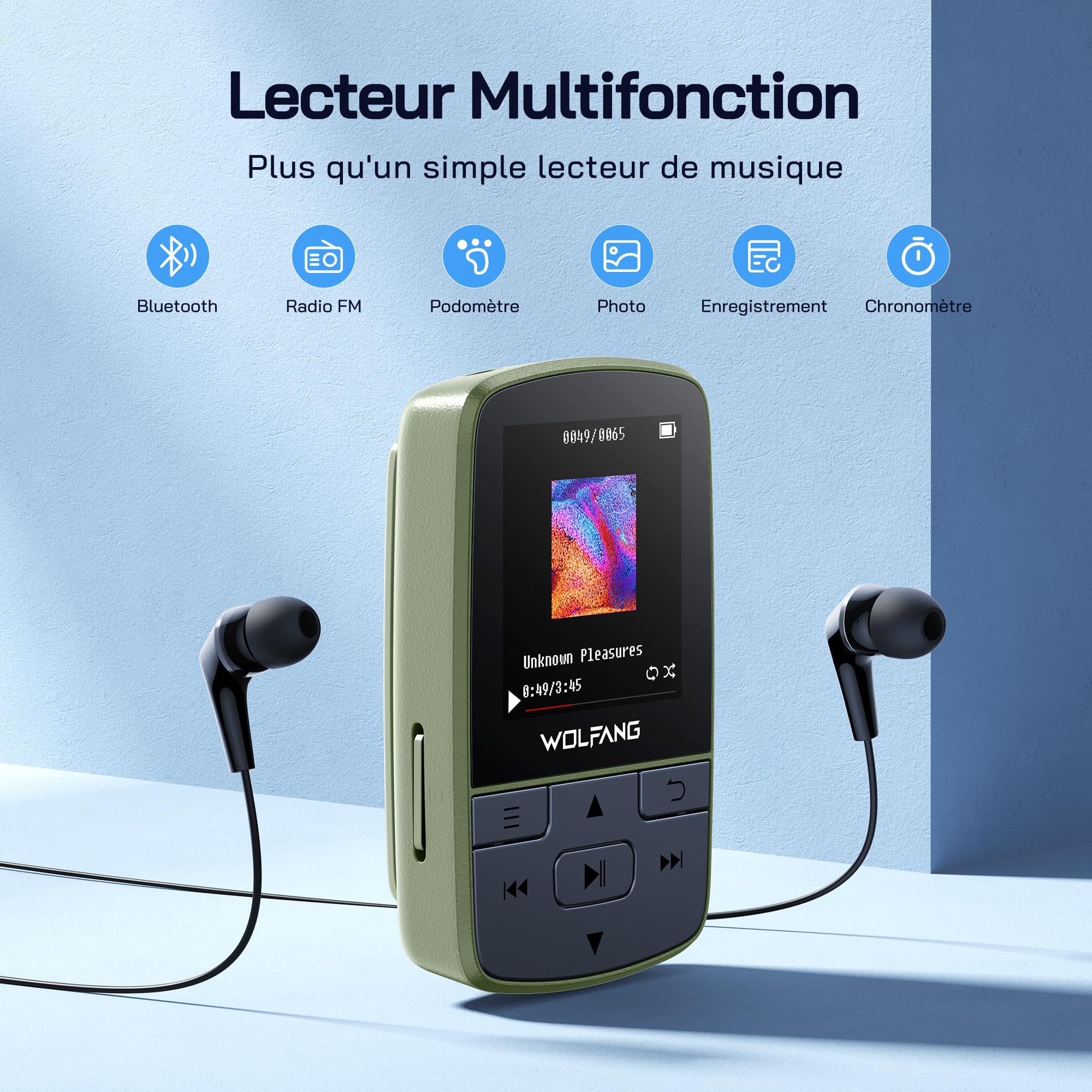 WOLFANG Lecteurs MP3 avec Bluetooth 5.2, Clip Sport, Taille Mini, Poids 28,3 g, Radio FM HiF, enregistreur Vocal, Jusqu'à 128 Go, sans Carte mémoire, écouteurs Inclus, Vert Kaki