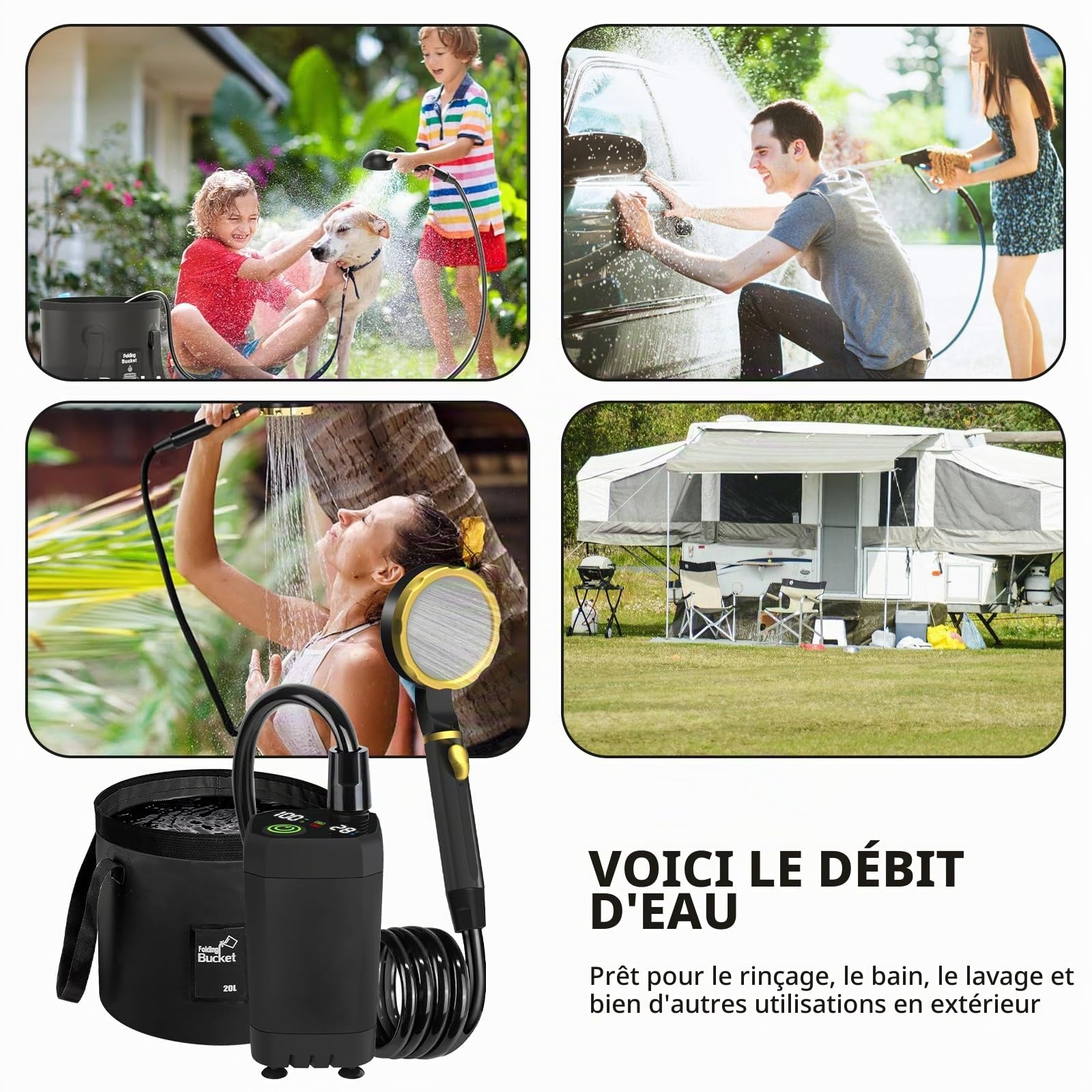Douche de camping portable, douche de camping portable, 6000 mAh, douche de camping portable, douche de camping avec rechargeable pour le jardin, le lavage de voiture, la plage, les voyages, choix