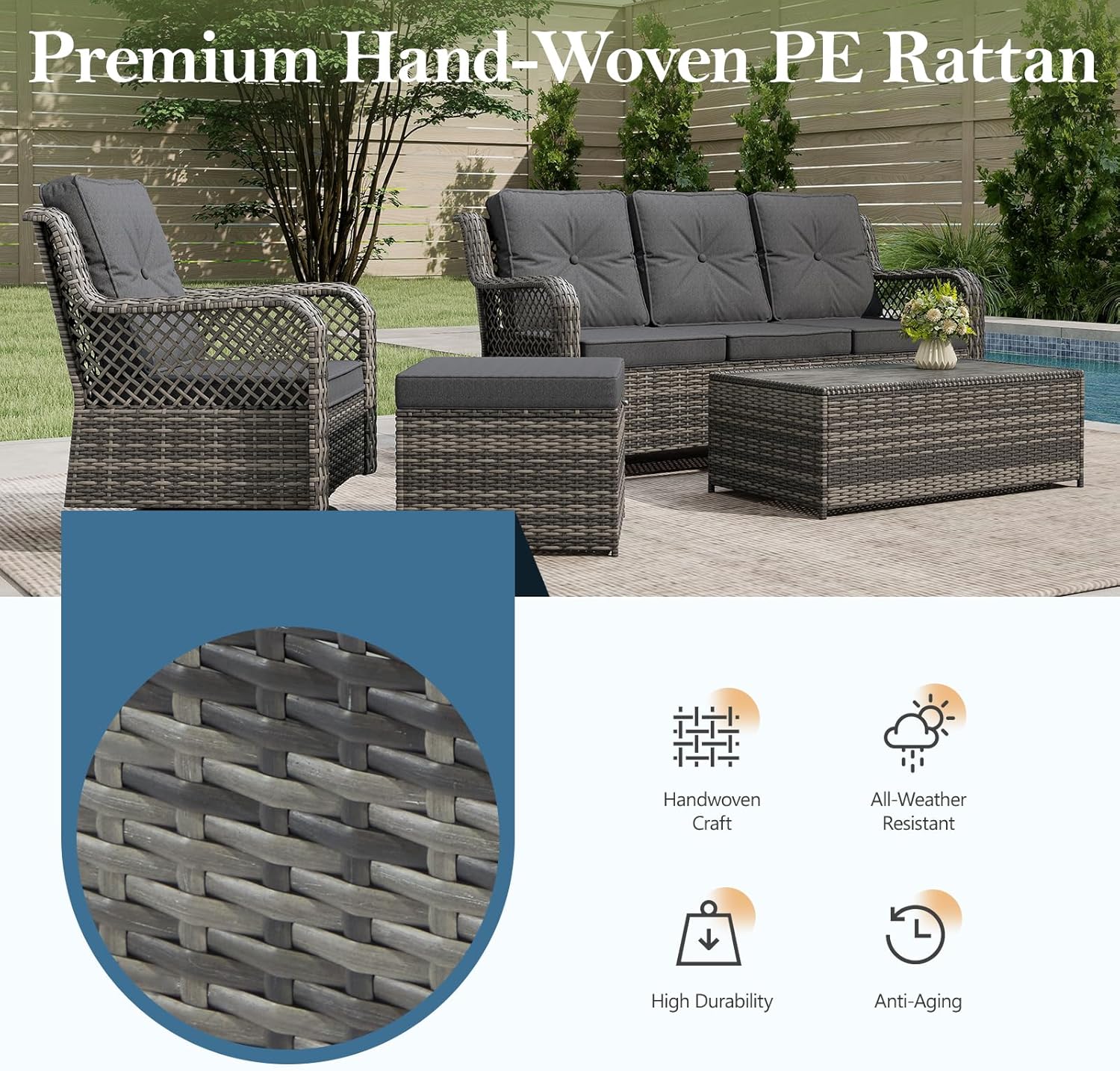 Patio Bistro Sets 3 Pieces with 360° Swivel Chairs Set of 2 - Outdoor Patio Furniture Set with PE Wicker Chairs and Side Table, Patio Conversation Sets for Porch, Garden, Balcony, Dark Gray