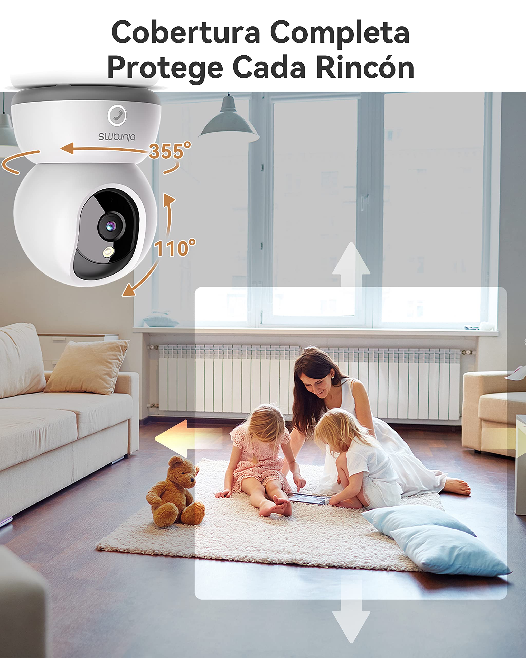 blurams Camara Vigilancia Wi-Fi Interior 2K, Cámara IP 360° Cámara Bebés,Camara Seguridad para Perros/Bebé/Ancianos,Visión Nocturna, Llamada One-Touch,Audio Bidireccional,Admite Tarjeta SD y Cloud