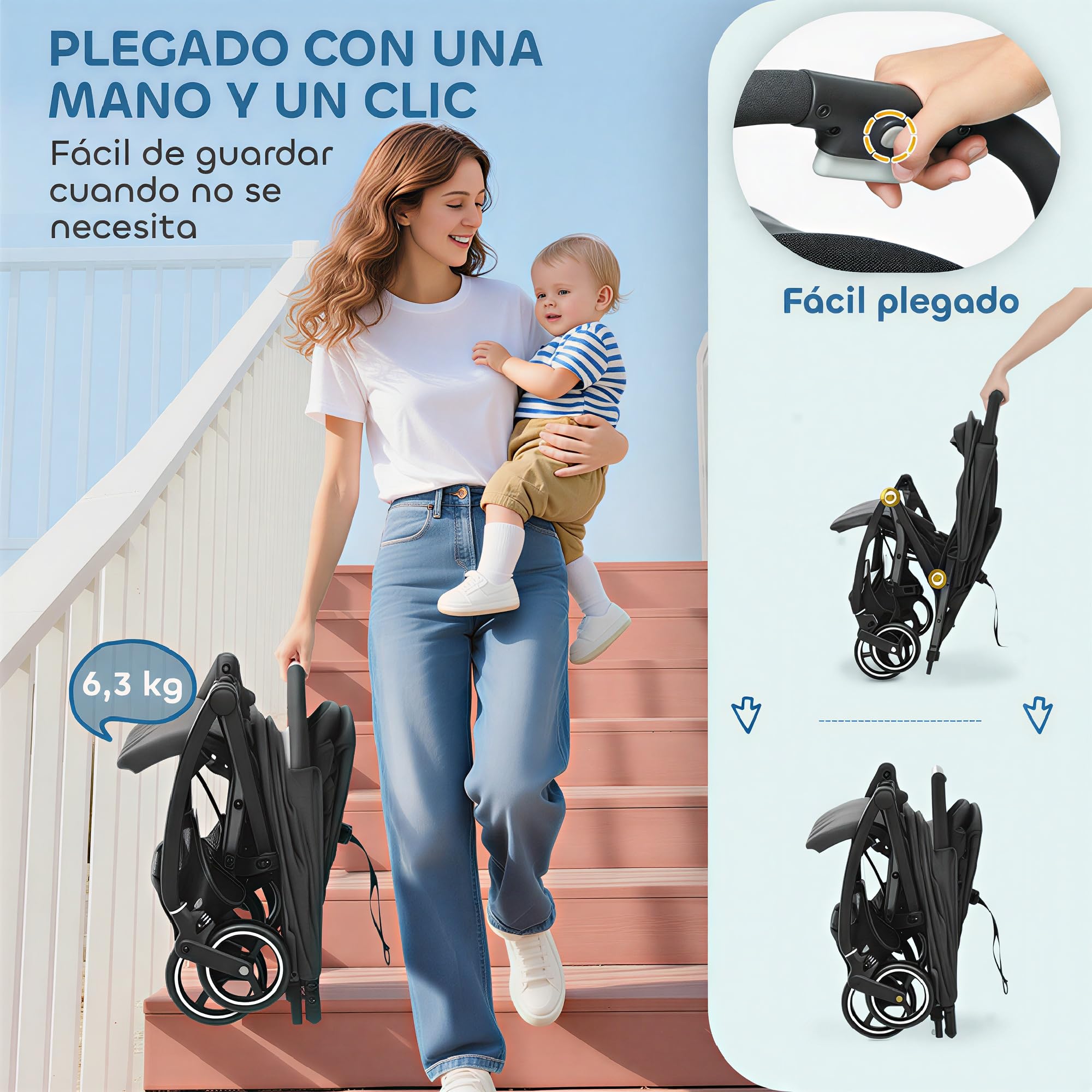 AIYAPLAY Silla de Paseo Ligera Plegable con Respaldo Reclinable | Con Reposapiés Ajustable, Capota, Arnés de 5 Puntos, Cesta y Soporte hasta 15 kg